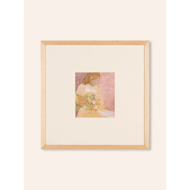 Lady with flowers. Gouache on cardboard in pastel tones. Ready to hang framed with passe-partout in an ash wood picture...