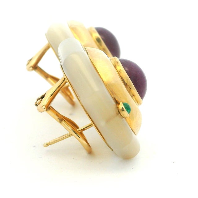 Maz Mother-of-Pearl Ruby & Emerald 14k Gold Earrings, Circa 1980, A Pair For Sale - Image 10 of 13