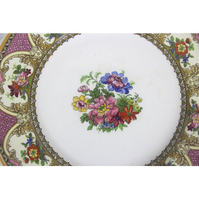 English 1930’s Johnson Bros Pareek Jefferson Rose Pink and Yellow Floral Dinner Plate With Orange Edge 10.5” Plate For Sale - Image 3 of 8