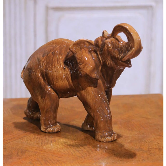 Mid 20th Century Mid-Century Italian Glazed Ceramic Elephant Sculpture With Raised Trunk For Sale - Image 5 of 8