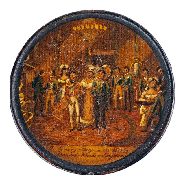 Antique Continental Papier-Mâché Lacquer Box, Regency Ballroom Scene, Attributed to Stobwasser, 18th C For Sale