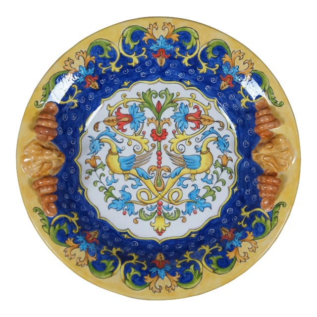 Large Italian Gatoukhova Deruta Style Phoenix Lion Head Centerpiece Bowl For Sale