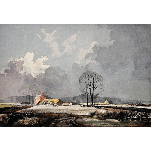 Rowland hilder. british ( b.1905 - d.1993 ). the first of winter’s snowfall on a kentish farm. watercolour on paper....