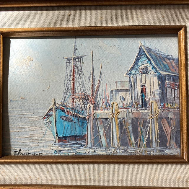 1970s 1970’s Original Impressionist Fishing Village Small Seascape Painting Original Frame Signed For Sale - Image 5 of 6