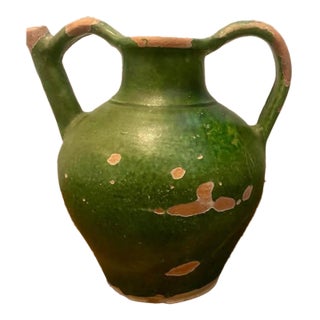 19th Century French Green-GLazed Terracotta Water Jug With Double Handles For Sale