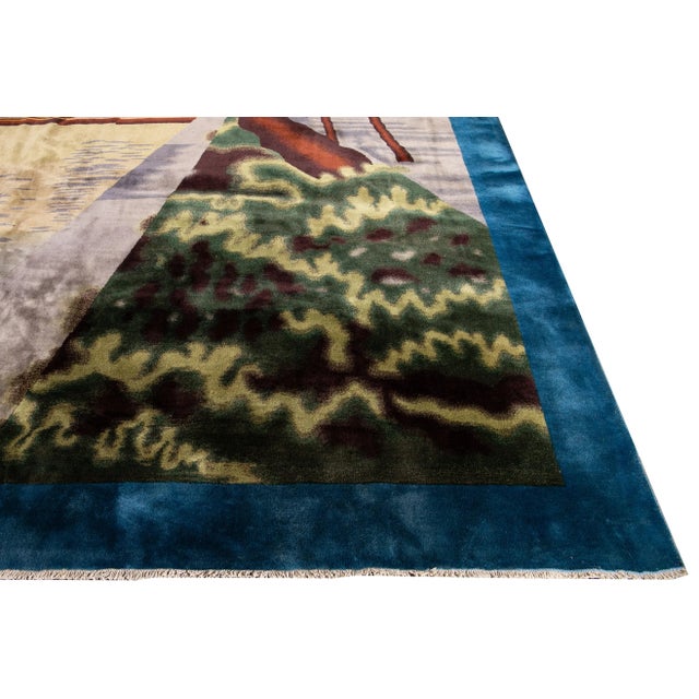 1920s Antique Chinese Art Deco Blue Handmade Pictorial Oversize Wool Rug For Sale - Image 5 of 11