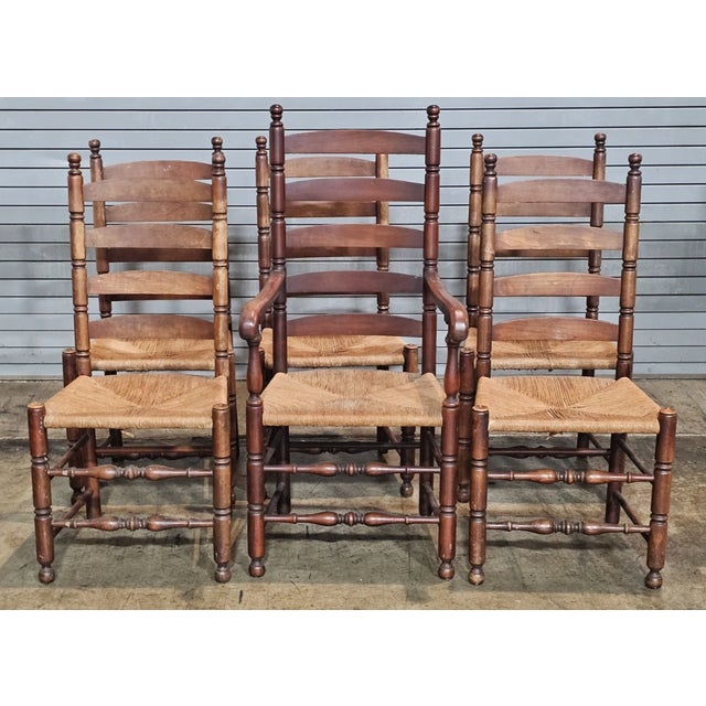 Store Item: Set of 6 Antique New England Ladderback Style Dining Chairs with Rush Seats Description: Copied from a country...