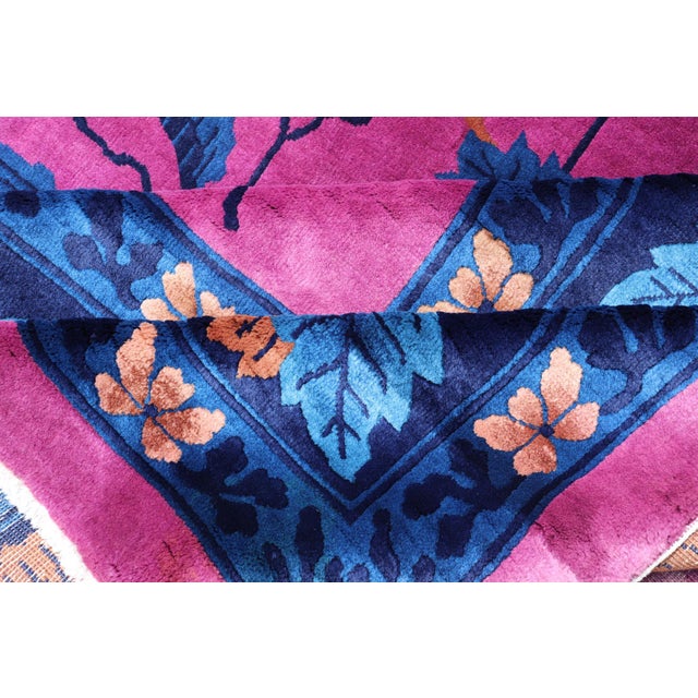 Magenta Background Chinese Art Deco Rug With Large Vining Flowers and Leaves 12'0 X 14'8 For Sale - Image 11 of 12