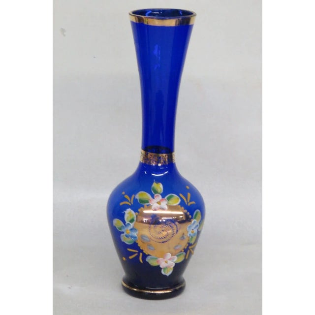 Cobalt Blue and Gold Hand Painted Flowers Czech Bohemian Glass Bud Vase For Sale - Image 13 of 13