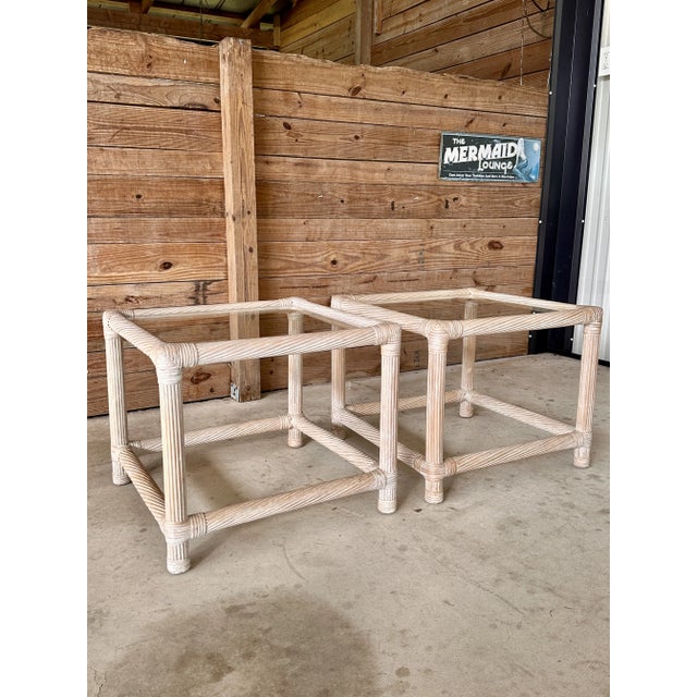 Ivory 1980’s Coastal PostModern Cerused Twist Pencil Rattan Side Tables-Pair For Sale - Image 8 of 12