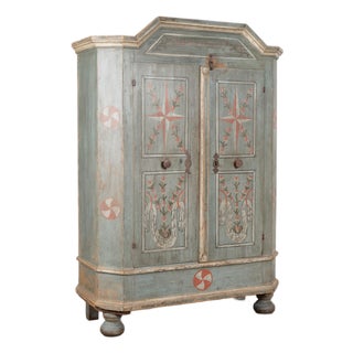 Original Blue Painted Pine Two Door Armoire Dated 1810 For Sale