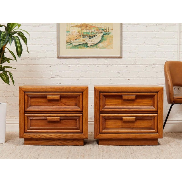 Wood Pair of Boho Two Drawer Oak Nightstands For Sale - Image 7 of 12