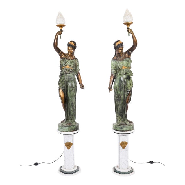 Antique Bronze Libertas Figural Torcheres Lamps by F. De Luca, 20th Century, Set of 2 For Sale
