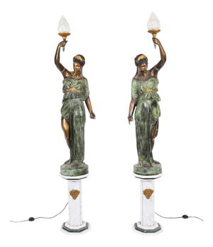 Antique Bronze Libertas Figural Torcheres Lamps by F. De Luca, 20th Century, Set of 2