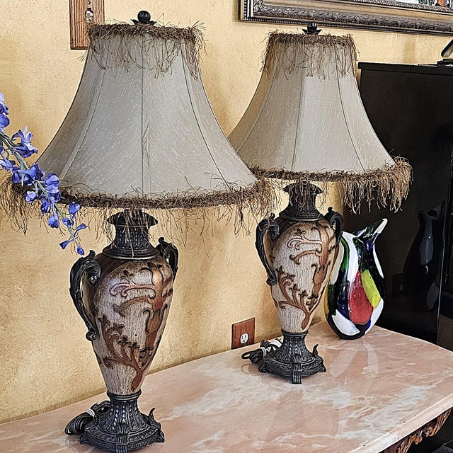 Pair of Vintage Neoclassical Urn Table Lamps With Decorative Fringe Shades For Sale - Image 9 of 18