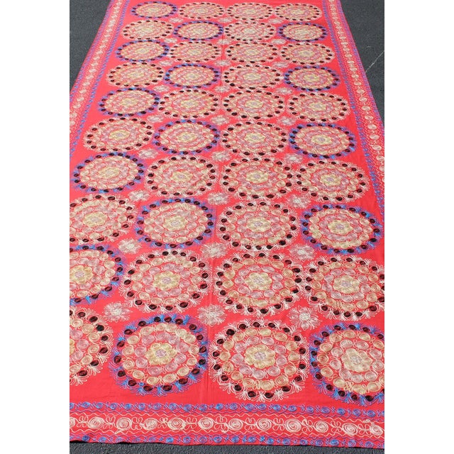 Unusually Large Silk Embroidery Suzani With Soft Red & Beautiful Vivid Colors For Sale In Atlanta - Image 6 of 13