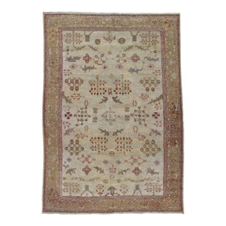 Antique Persian Sultanabad Carpet, Handmade Oriental Rug, Ivory, Gold, Green For Sale