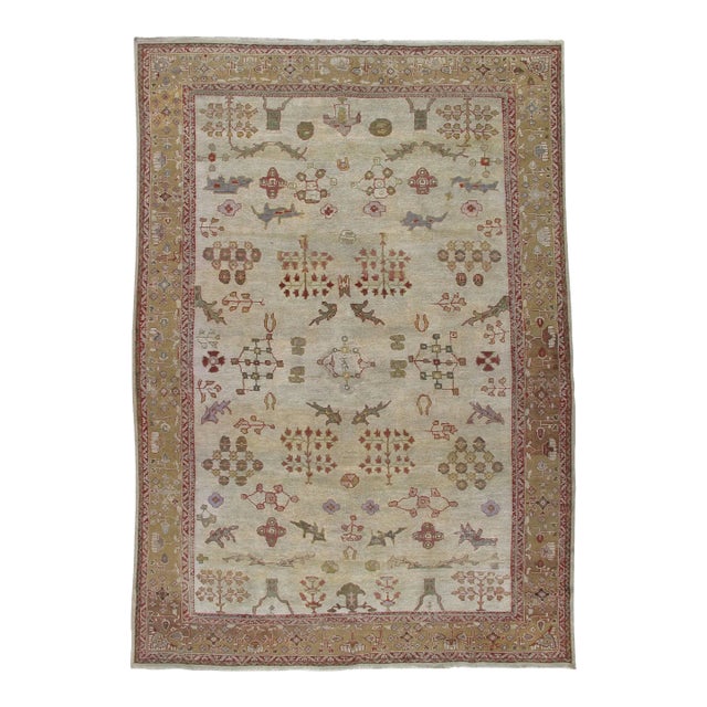 Antique Persian Sultanabad Carpet, Handmade Oriental Rug, Ivory, Gold, Green For Sale