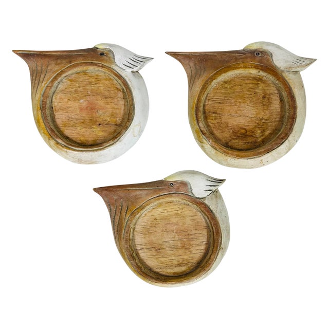Late 20th Century Hand Carved Wood Pelican Coasters - Set of 3 For Sale