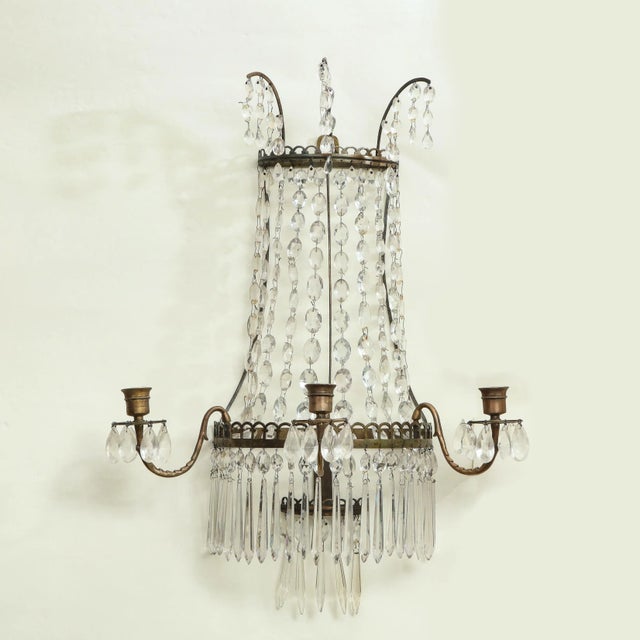 Hollywood Regency Pair of Beaded Crystal Waterfall Wall Lights For Sale - Image 3 of 12