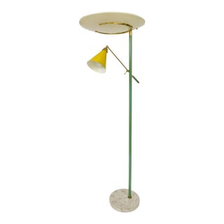 1960s Round Beige Marble Base Green Enameled Stem Adjustable Arm Floor Lamp For Sale