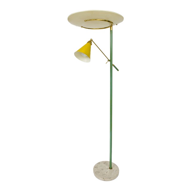 1960s Round Beige Marble Base Green Enameled Stem Adjustable Arm Floor Lamp For Sale