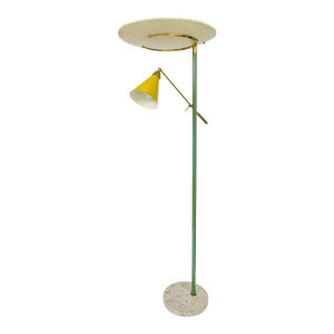 1960s Round Beige Marble Base Green Enameled Stem Adjustable Arm Floor Lamp