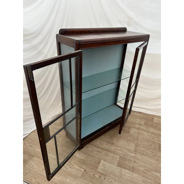 1930s Art Deco China Cabinet Curio Locking Double Door Two Glass Shelves For Sale - Image 4 of 12