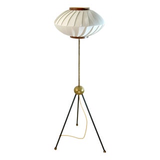 Brass and Black Metal Tripod Floor Lamp with Pleated Shade attributed to Svend Aage Holm Sørensen, Denmark, 1960s For Sale