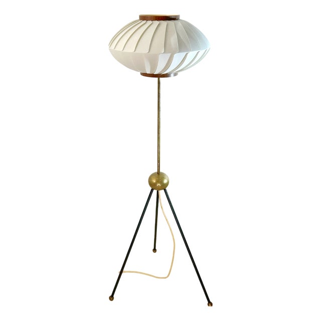 Brass and Black Metal Tripod Floor Lamp with Pleated Shade attributed to Svend Aage Holm Sørensen, Denmark, 1960s For Sale