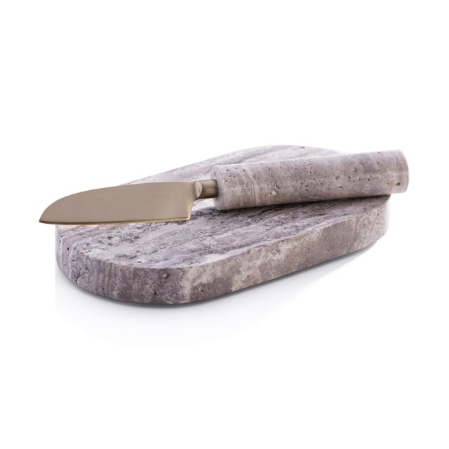 Albora Marble Cutting Board with Knife, Beige Travertine For Sale In Los Angeles - Image 6 of 6