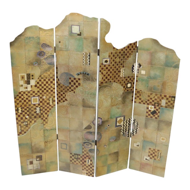 Studio Made Art Decorated Lacquered 4-Panel Room Divider Screen For Sale