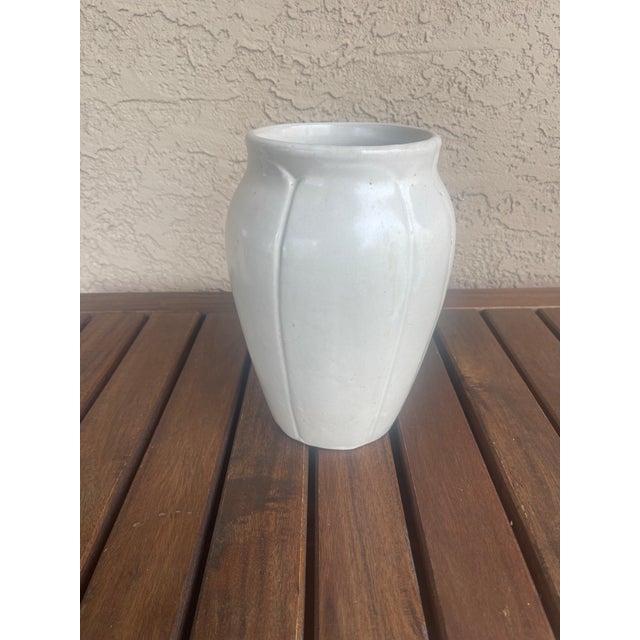 Mid Century Usa White Lotus Stoneware Art Pottery Vase For Sale - Image 4 of 6