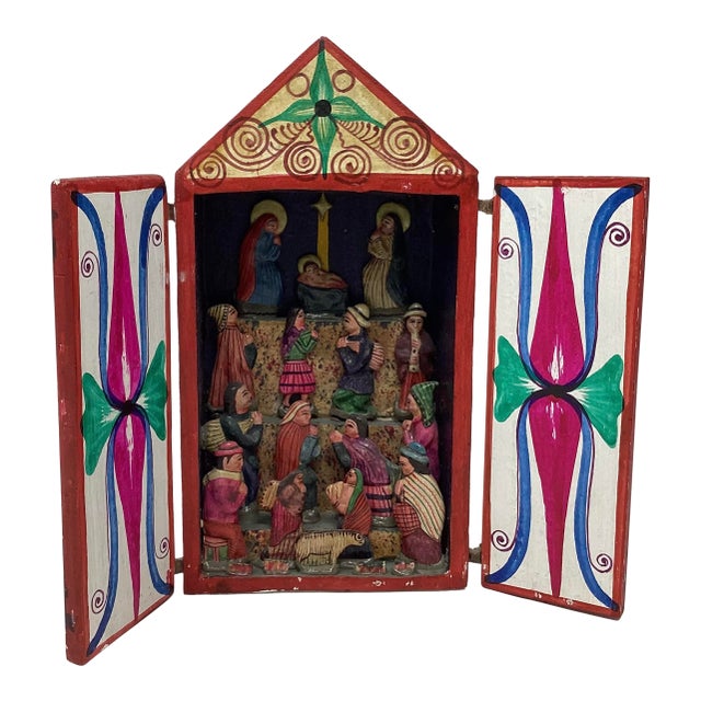 Vintage Peruvian Retablo Features a Vibrant Nativity Scene Housed in Small Wooden Box. For Sale