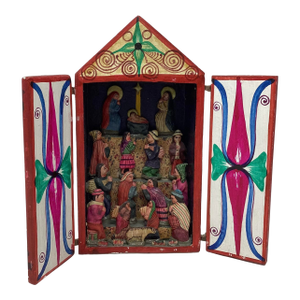 Vintage Peruvian Retablo Features a Vibrant Nativity Scene Housed in Small Wooden Box.