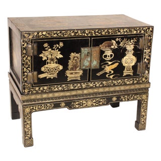 Chinese Black Lacquer and Gilt Decorated Trunk on Stand For Sale