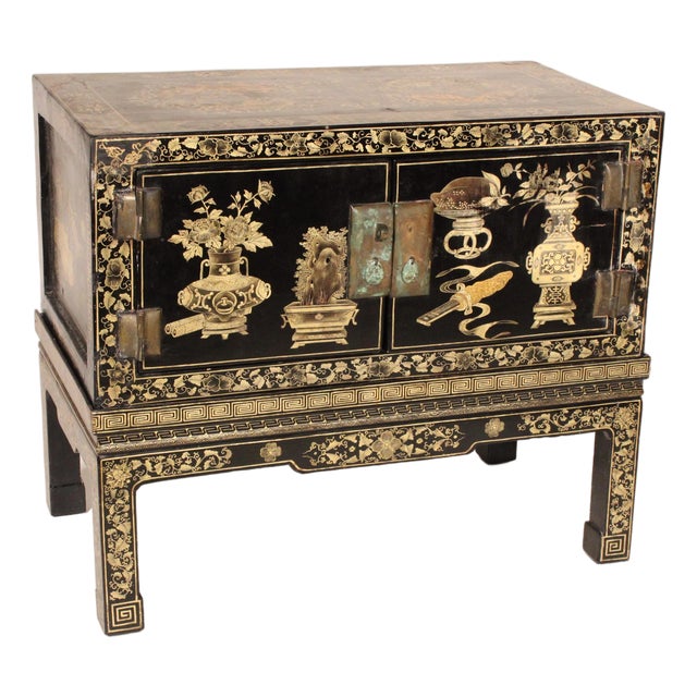 Chinese Black Lacquer and Gilt Decorated Trunk on Stand For Sale