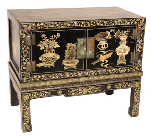 Chinese Black Lacquer and Gilt Decorated Trunk on Stand