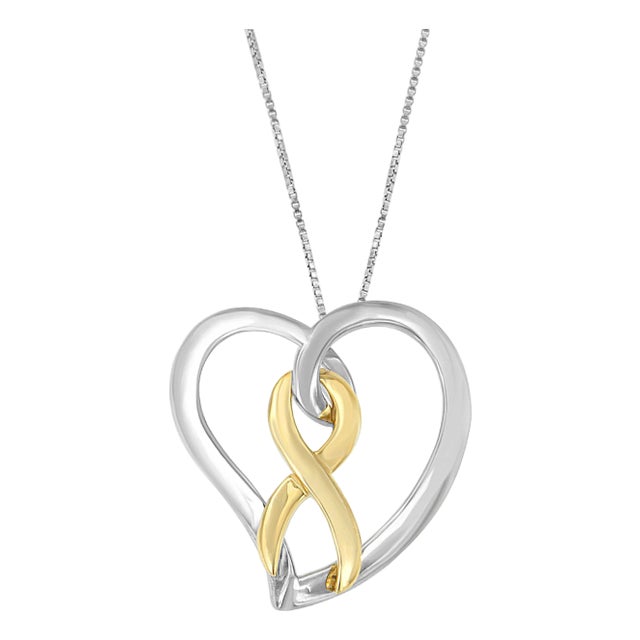 14K Gold and Silver Heart Bow Pendant Necklace For Sale