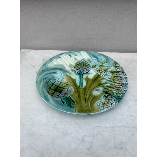 Majolica asparagus plate signed Luneville Keller & Guerin, circa 1890.