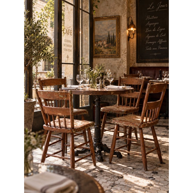 This collection of four antique primitive chairs embodies rustic farmhouse charm. Each chair features a plank seat with a...