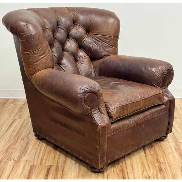 Restoration Hardware Vintage Restoration Hardware Leather Churchill Cigar Chair and Ottoman With Nailheads For Sale - Image 4 of 18