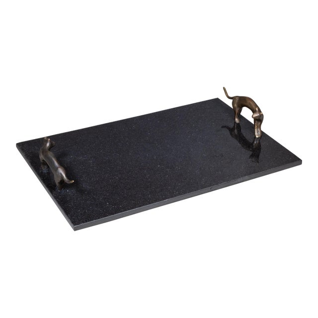 Vintage Michael Aram Black Granite and Bronze Cat Serving Tray c.1990 For Sale