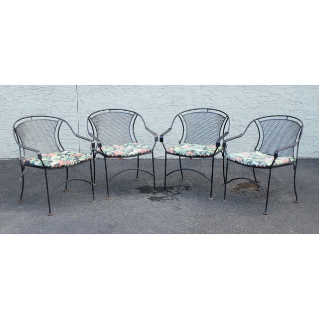 High Quality Set of Four Wrought Iron Outdoor Patio Dining Chairs with Seat Cushions