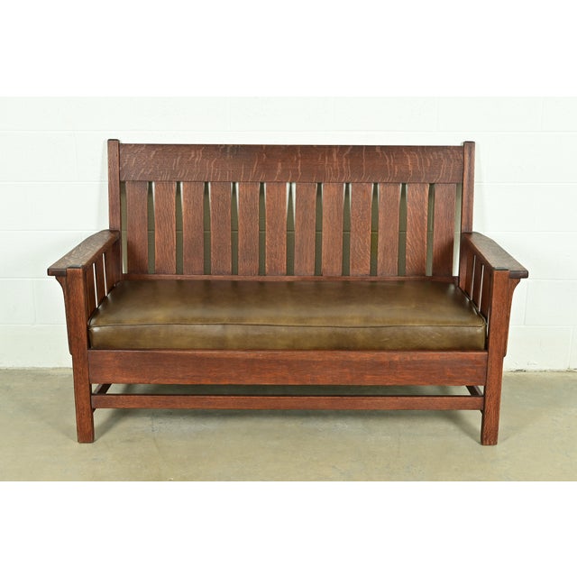 Mission J. M. Young & Sons Antique Mission Oak Arts & Crafts Bench or Settle Sofa, Circa 1910 For Sale - Image 3 of 11