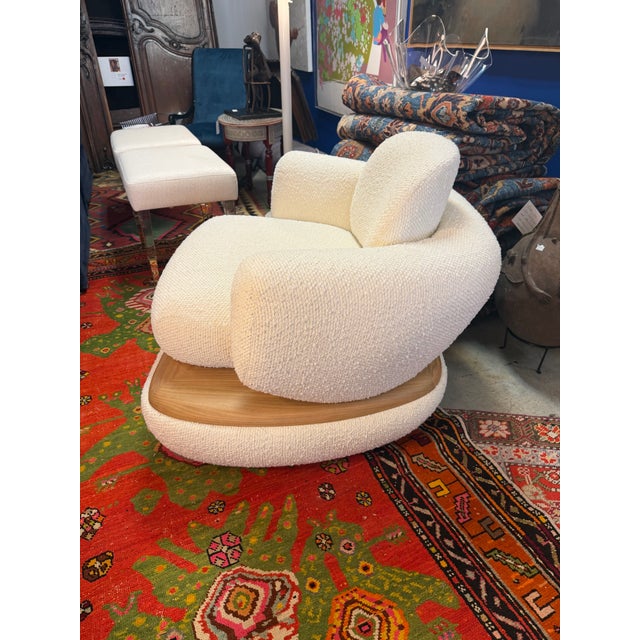 Custom Cream Color Boucle and Wood Lounge Chair For Sale - Image 4 of 11