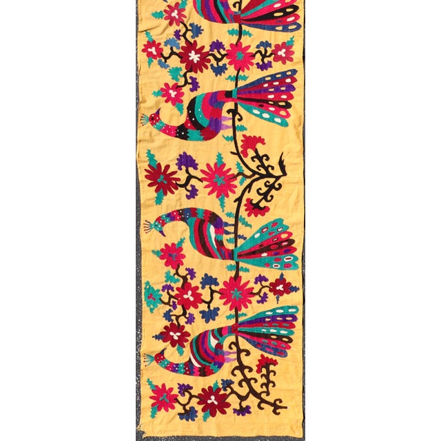 Traditional Antique Uzbekistan Suzani Runner With Colorful Peacock and Botanical Design For Sale - Image 3 of 14