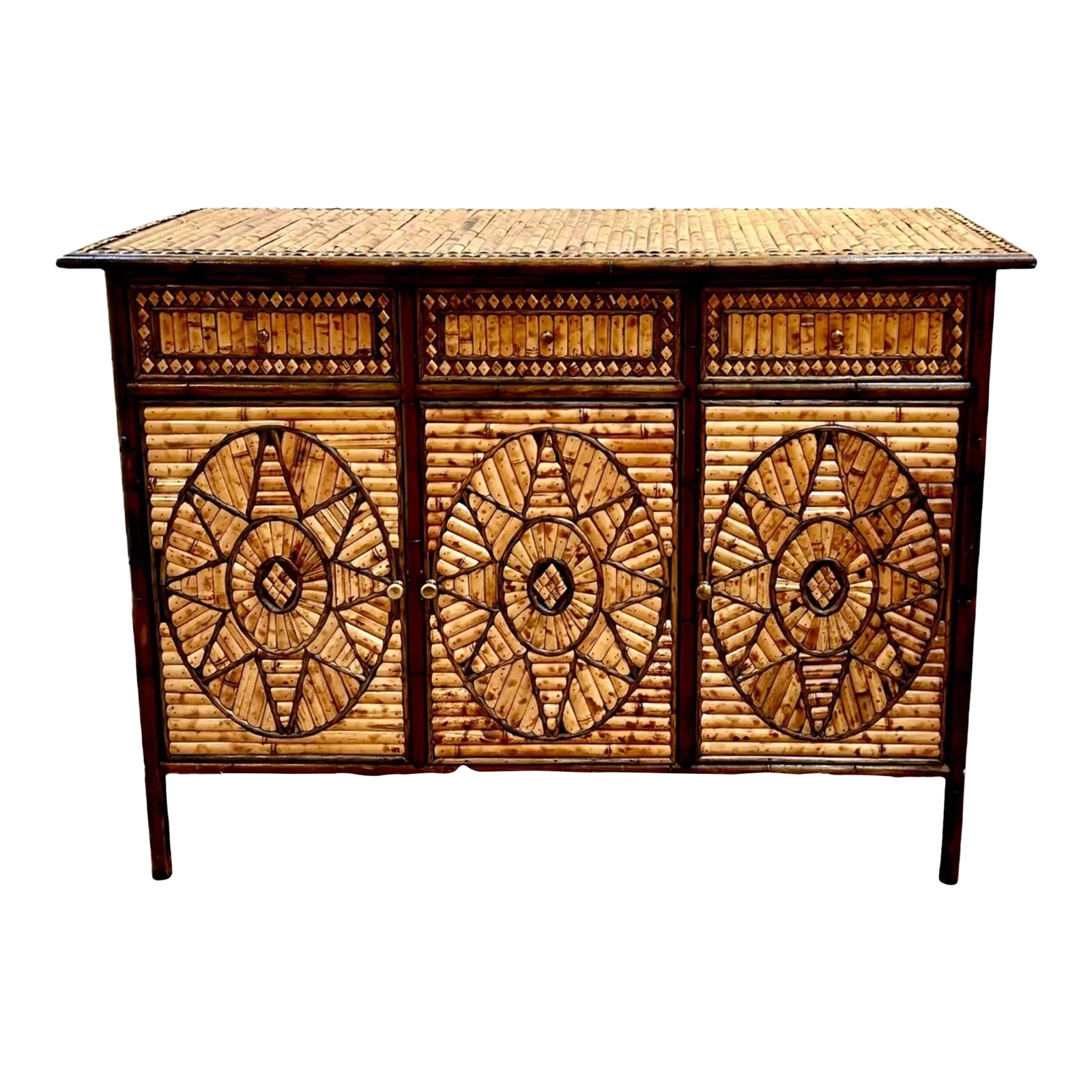 1960s Vintage Highly Intricate Split Reed Bamboo Sideboard With Locking ...