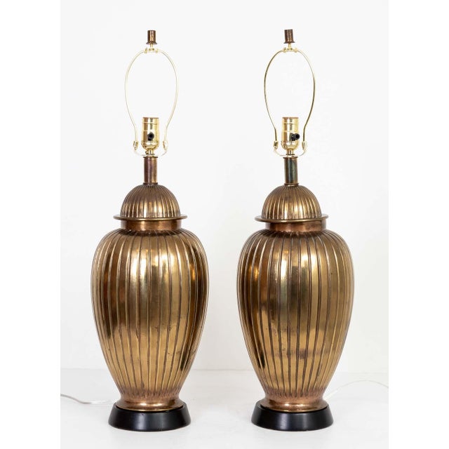 Mid-Century Modern Pair Ribbed Brass Table Lamps For Sale - Image 9 of 10