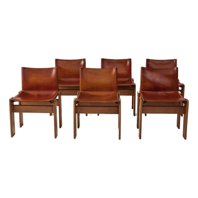 Afra & Tobia Scarpa Cognac Colored "Monk" Leather Dining Chairs for Molteni 1974 - Set of 6 For Sale